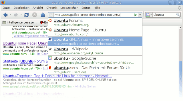 Die Adresszeile schlägt während der Eingabe zweizeilig Treffer aus Chronik und Lesezeichen vor, jeweils mit Favicon.