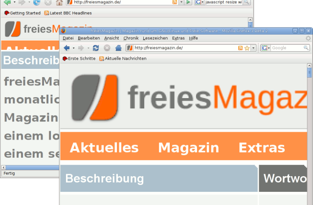 Zwei Firefox-Fenster mit derselben Seite: links zoomt nur der Text, rechts wächst auch das Logo mit.