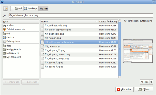 Der GTK-Dateidialog von Firefox mit Ortsleiste, Dateiliste und einer Vorschau des markierten Screenshots.