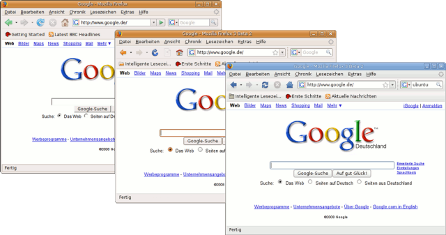 Dieselbe Google-Seite in drei Firefox-Fenstern mit verschiedenen GTK-Themes, die Bedienelemente passen sich jeweils an.