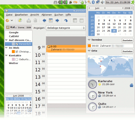 Der Inhalt des Google Kalendar in Evolution und in der Uhr des GNOME Panels.