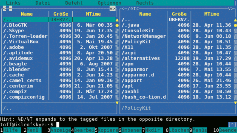 Der Midnight Commander erinnert stark an den Norton Commander. Mit diesem Dateimanager kann man komfortabel Datei verschieben, kopieren usw. und sogar mit dem eingebauten Editor bearbeiten.