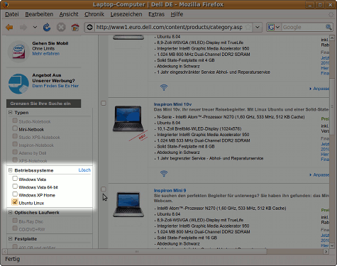 Im Dell-Shop kann direkt nach Ubuntu Linux als Betriebsystem gefiltert werden.