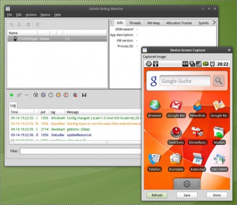 DDMS zeigt den Screen des Samsung Galaxy unter Ubuntu 64-bit