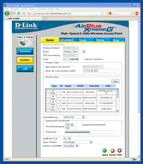 Das Webfrontend der Siemens WB-011 mit der D-Link FW