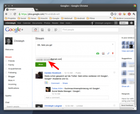 Schickt einen Statusupdate via Google+ um Leute einzuladen