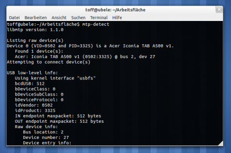 mtp-detect findet das Acer Iconia Tab.