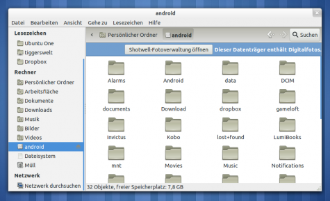 Nautilus zeigt die Daten des Android 3.0 bzw. 4.0 Gerätes an.