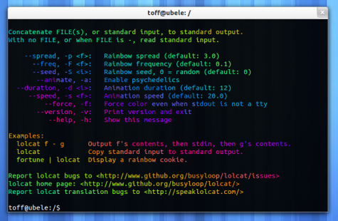 Die Hilfe bekommt man über $ lolcat --help