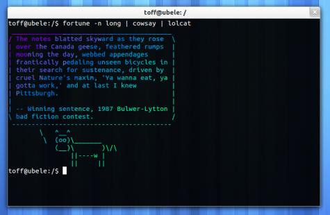 $ fortune | cowsay | lolcat