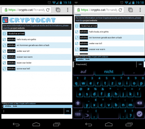 Cryptocat als Web-Chat im Browser eines Android-Handys.