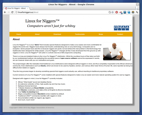 Die Homepage von Linux vor Niggers, das Logo der GNAA ist deutlich sichtbar.