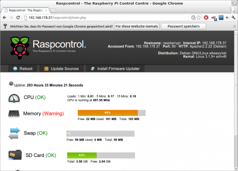 Noch kann man mit Raspcontrol nicht viel mehr machen, als ein paar Infos anzuzeigen.