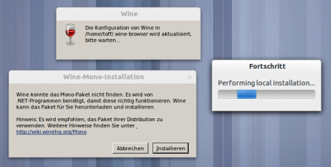 Beim ersten Start werden Wine und Firefox für WIndows heruntergeladen.