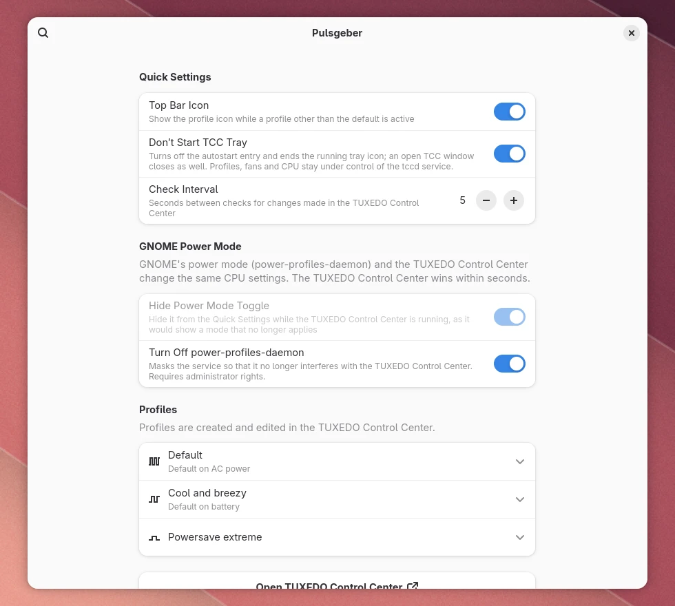 The Pulsgeber preferences with switches for the top bar icon, the TCC tray, the check interval, GNOME's power mode and power-profiles-daemon