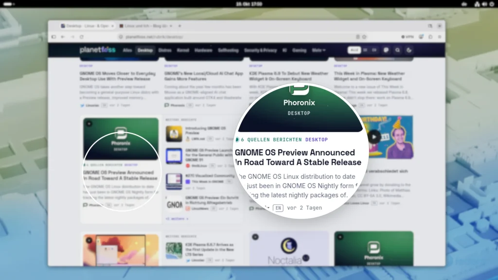 Double-width story card on the GNOME OS Preview with Phoronix as the main article and further reports from LWN.net, 9to5Linux, This Week in GNOME, and LinuxNews, magnifier on the label 6 sources reporting
