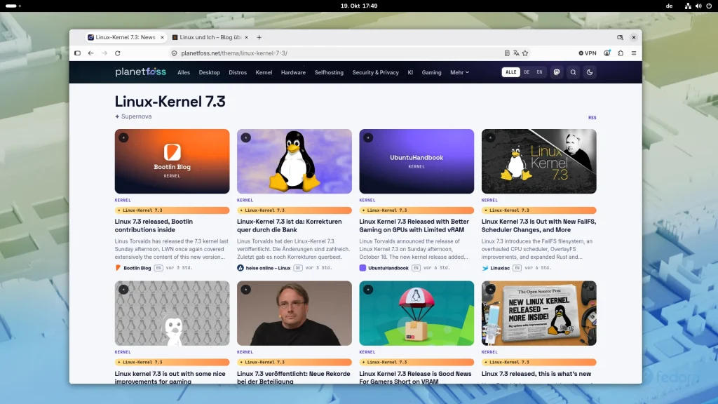 Topic page Linux-Kernel 7.3 on planetfoss.net with the supernova label and cards from Bootlin, heise online, UbuntuHandbook, Linuxiac, and other sources