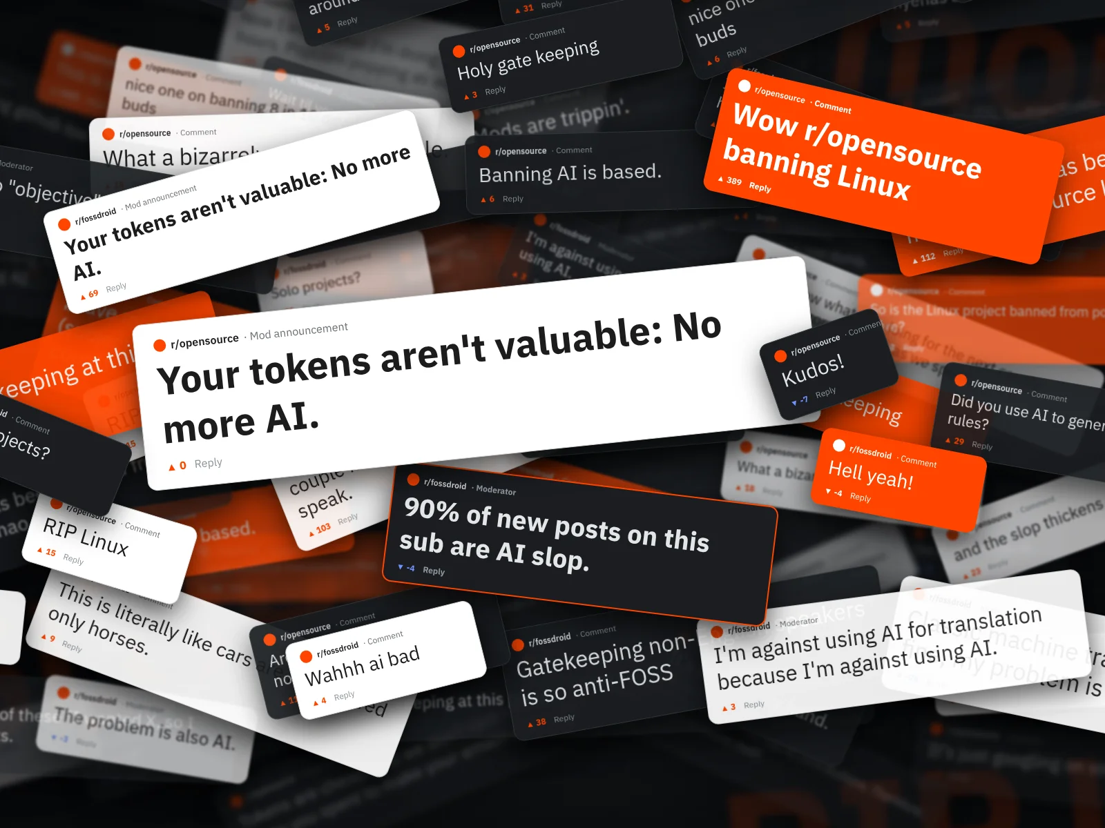 Collage of Reddit posts about the AI ban, with the announcement “Your tokens aren't valuable: No more AI.” and the comment “Wow r/opensource banning Linux” in front.
