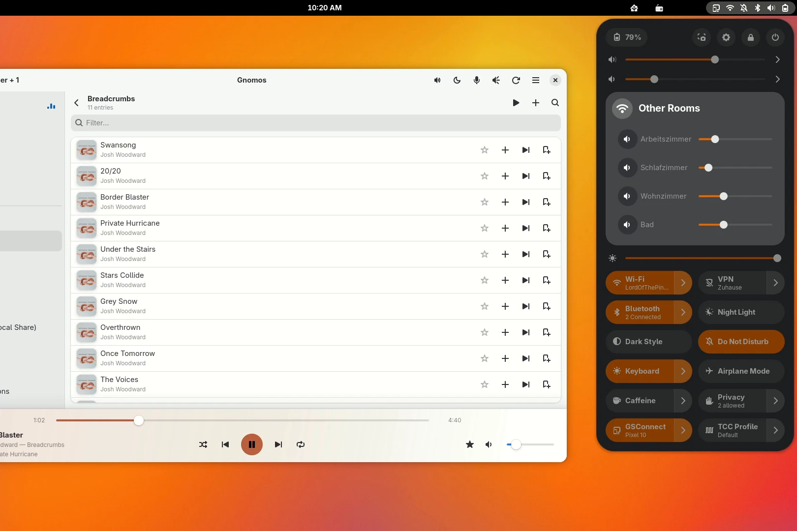 Gnomos next to the GNOME Quick Settings with the Sonos slider and the sliders of all rooms