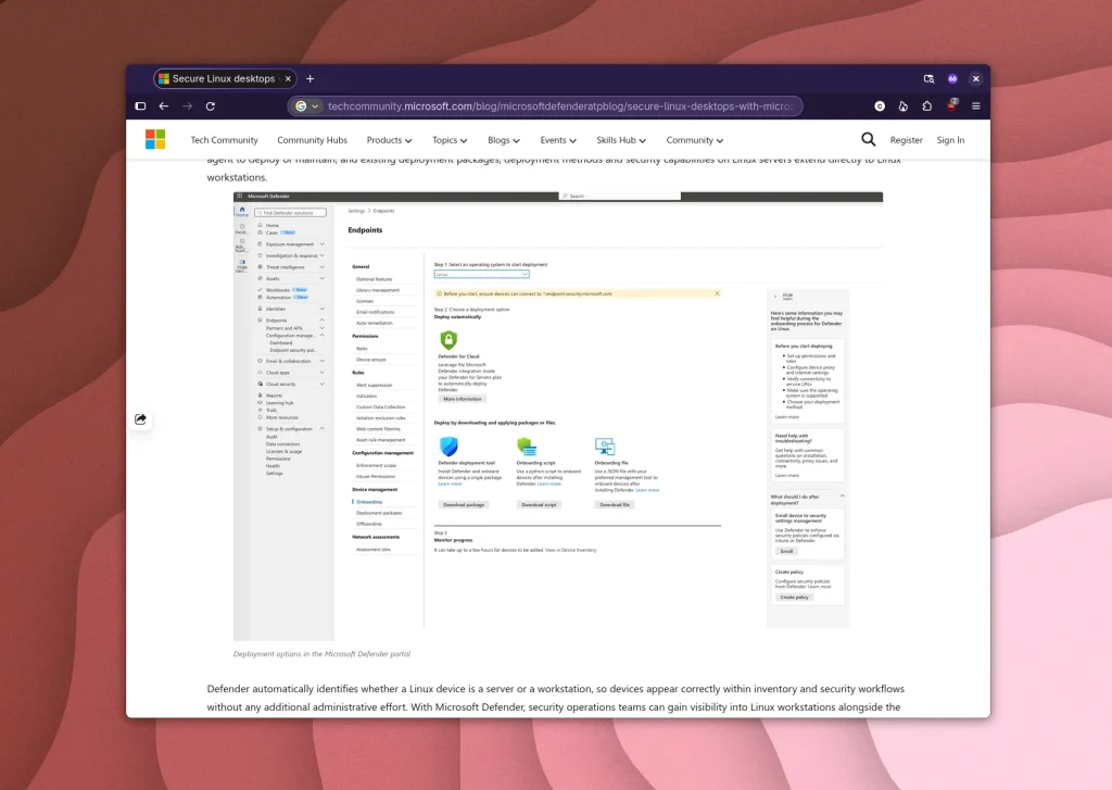 Microsoft Defender portal with deployment options for Linux devices: automatic, via package, script, or file