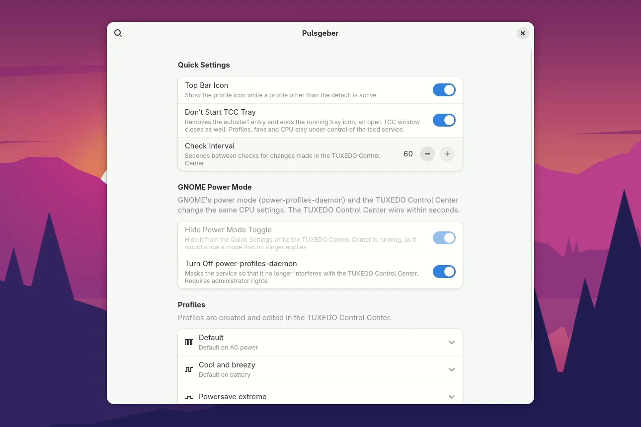 The Pulsgeber preferences with top bar icon, tray and power mode