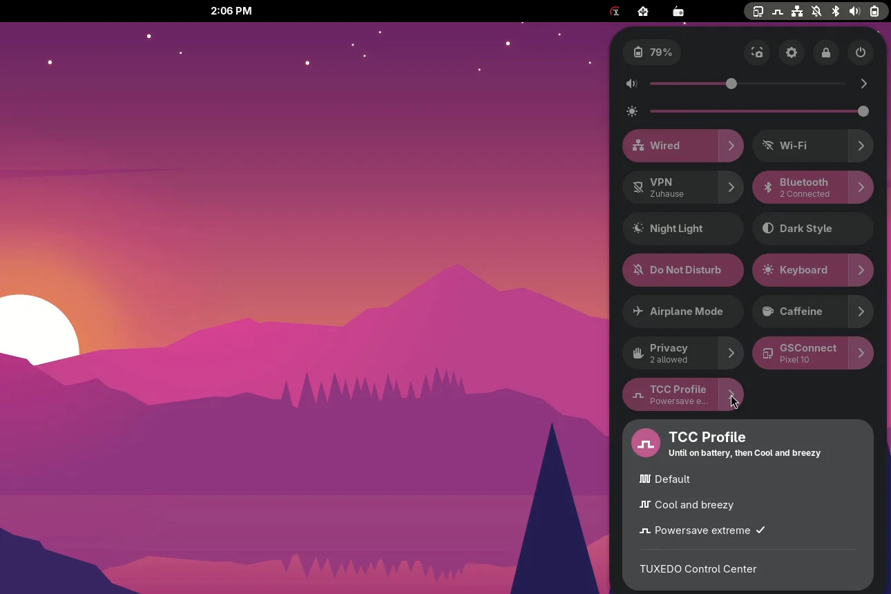 The profile menu with all profiles; the header says which profile follows on battery