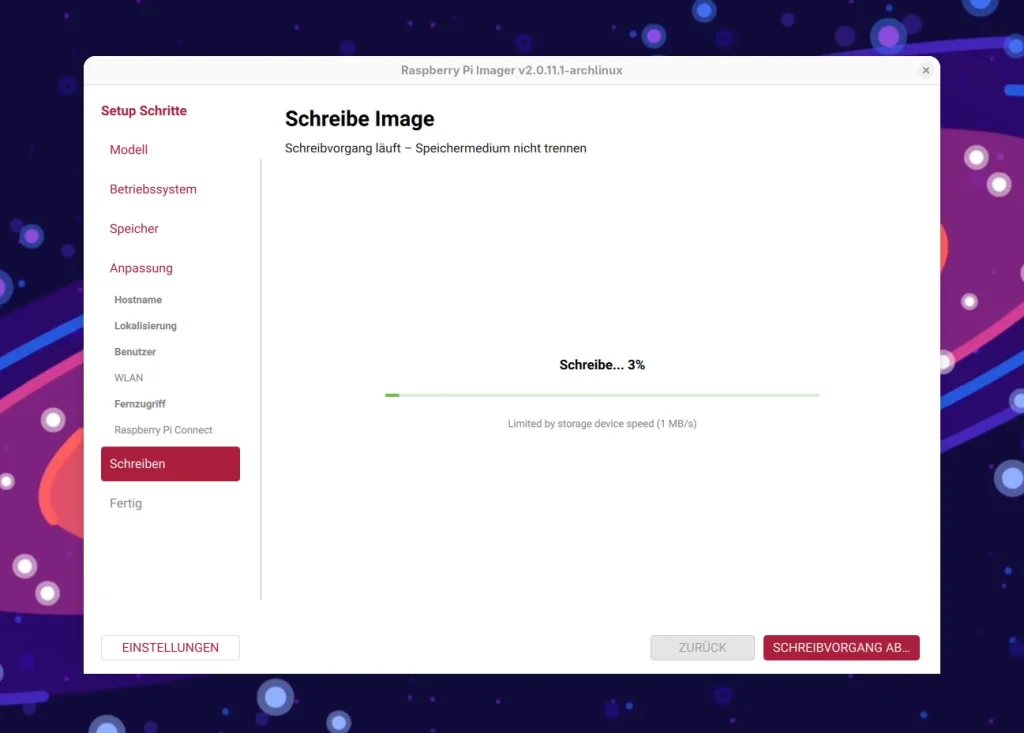 Raspberry Pi Imager writing an image, progress three percent, notice about speed limited to 1 MB/s.