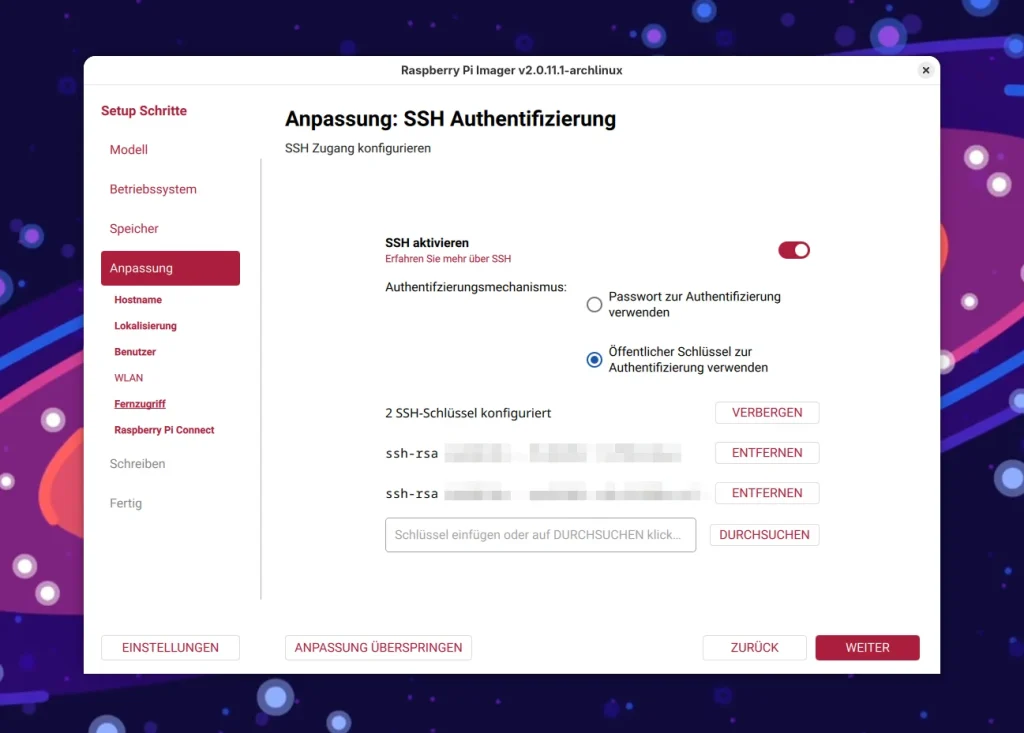 SSH step in Raspberry Pi Imager with SSH enabled, key authentication and two pixelated keys.