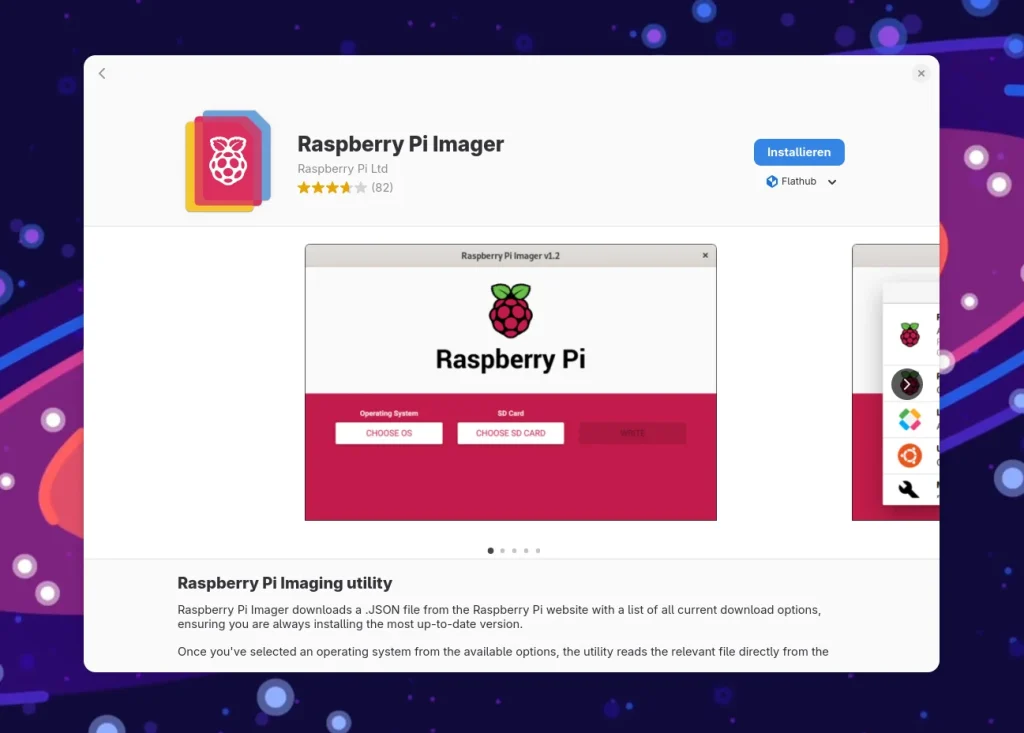 Raspberry Pi Imager from Flathub in GNOME Software with Install button and screenshot of the old interface.