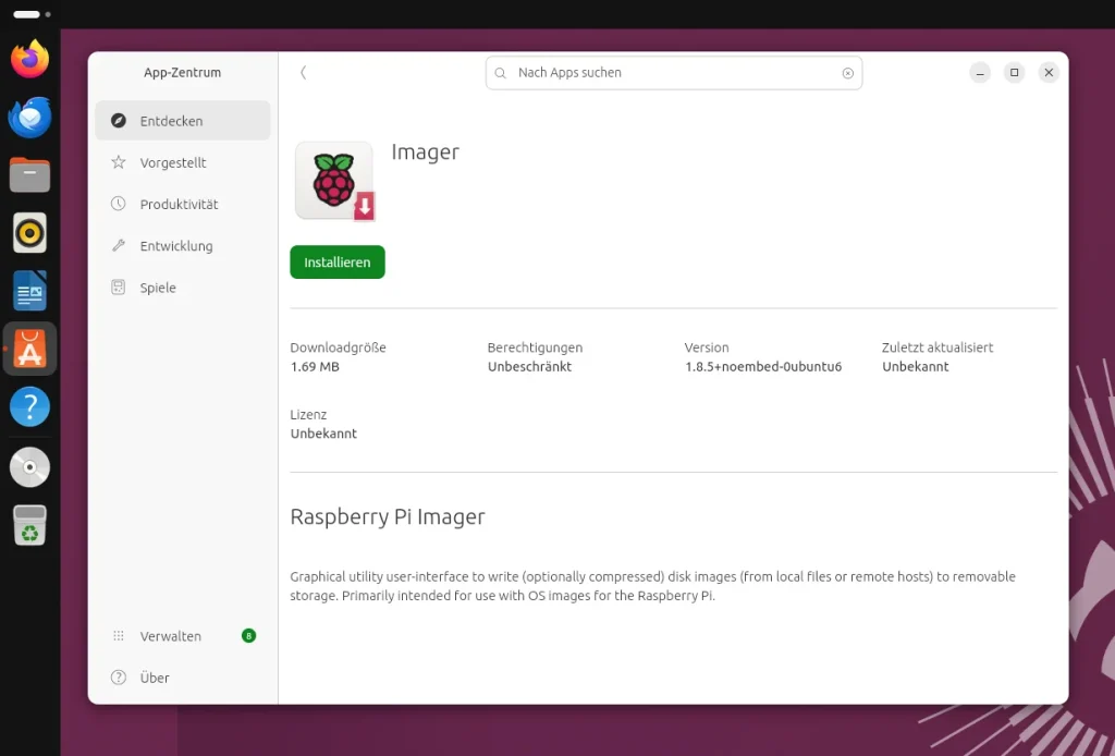 Ubuntu App Center with the Imager in version 1.8.5+noembed-0ubuntu6, unrestricted permissions and Install button.