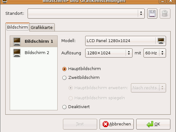 Bildschirm- und Grafikeinstellungen: Bildschirm 1 ist als Hauptbildschirm markiert, 1280×1024 bei 60 Hz.