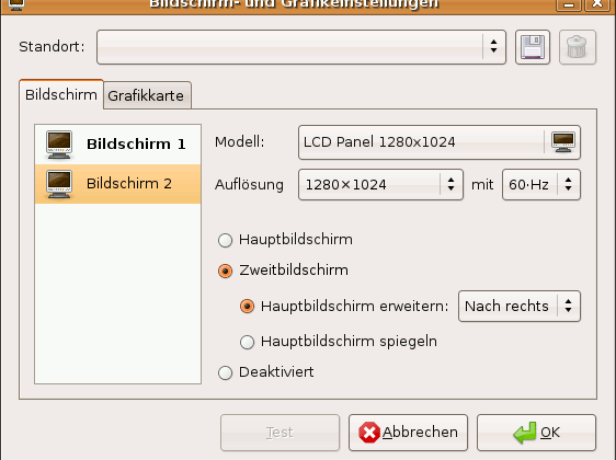 Für Bildschirm 2 sind „Zweitbildschirm“ und „Hauptbildschirm erweitern: Nach rechts“ ausgewählt.
