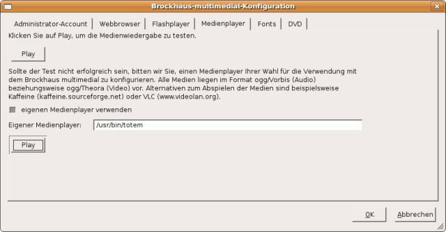 Im Konfigurationsdialog des Brockhaus steht unter „Medienplayer“ der Pfad /usr/bin/totem.