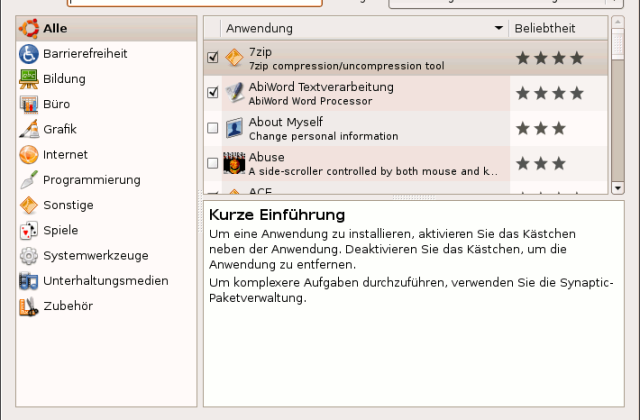 Das Fenster „Anwendungen hinzufügen/entfernen“ zeigt Programme mit einer Bewertung in Sternen, links die Kategorien.