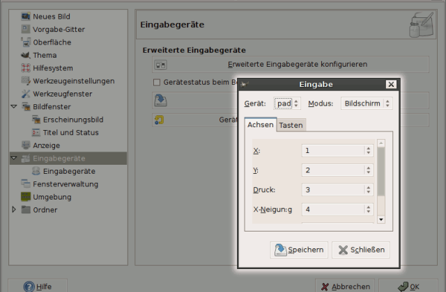 GIMP Konfiguration Im GIMP-Dialog für erweiterte Eingabegeräte ist das Gerät „pad“ im Modus Bildschirm eingestellt, daneben die Zuordnung der Achsen.
