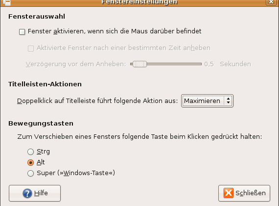 Die Möglichkeiten zur Konfiguration sind bei GNOME recht spartanisch. Nur die Taste, mit der die Verschiebe-Aktion ausgelöst wird, lässt sich bestimmen.