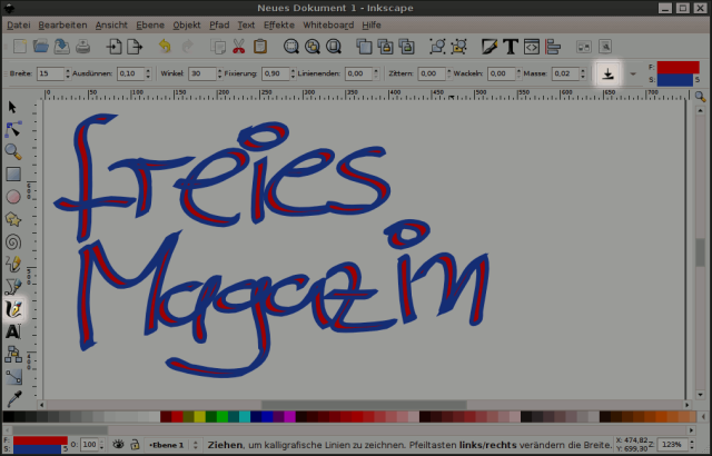 Inkscape Grafiktablett In Inkscape ist derselbe Schriftzug mit dem kalligrafischen Werkzeug gezeichnet, die Strichbreite folgt dem Druck auf den Stift.