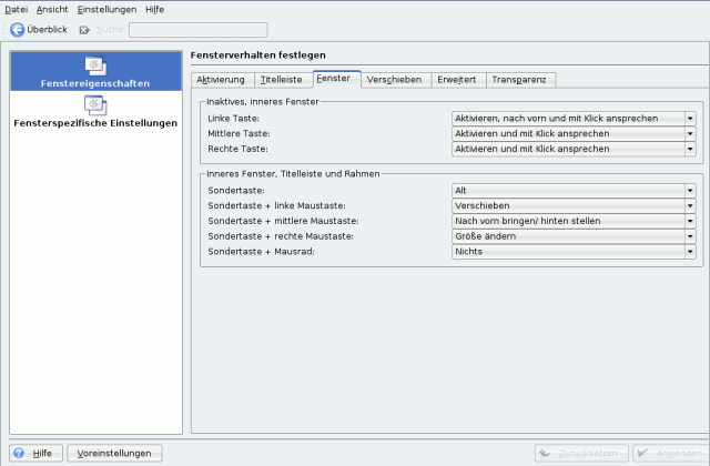 KDE-Systemeinstellungen für das Fensterverhalten, unten die Zuordnung von Sondertaste und Maustasten.