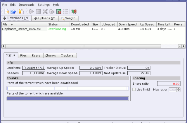 KTorrent zeigt den laufenden Download oben in der Liste, darunter die Reiter Status, Dateien, Peers und Chunks.