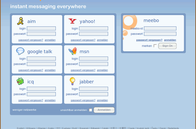 Die Startseite von Meebo mit Login-Masken für aim, yahoo, google talk, msn, icq und jabber.
