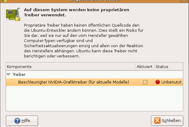 Der Dialog „Eingeschränkte Treiber“ listet den Nvidia-Treiber mit rotem Punkt und dem Status „Unbenutzt“.