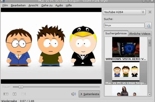 Dasselbe Video über das H.264-Plugin, in der Auswahlliste der Seitenleiste steht „YouTube H264“.