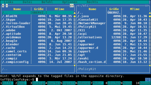 Der Midnight Commander erinnert stark an den Norton Commander. Mit diesem Dateimanager kann man komfortabel Datei verschieben, kopieren usw. und sogar mit dem eingebauten Editor bearbeiten.