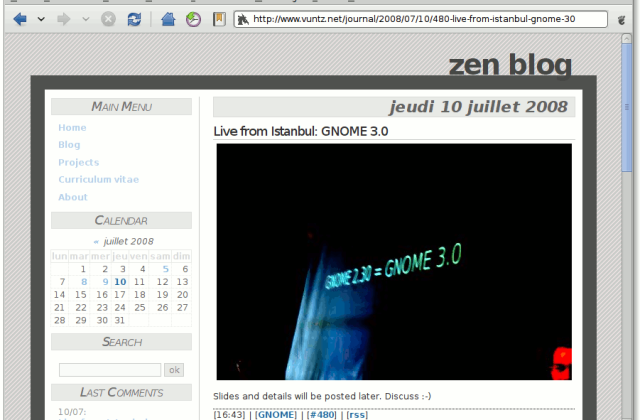 Ein Blogeintrag von der GUADEC mit einem Foto der Projektion „GNOME 2.30 = GNOME 3.0“.