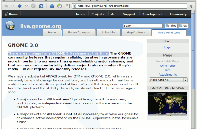 Die GNOME-Webseite mit dem hervorgehobenen Satz „There are no plans for a GNOME 3.0 release at this time.“