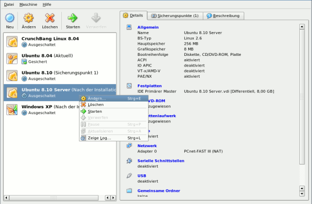 Die VirtualBox-Übersicht mit mehreren virtuellen Maschinen, im Kontextmenü ist „Ändern“ markiert.