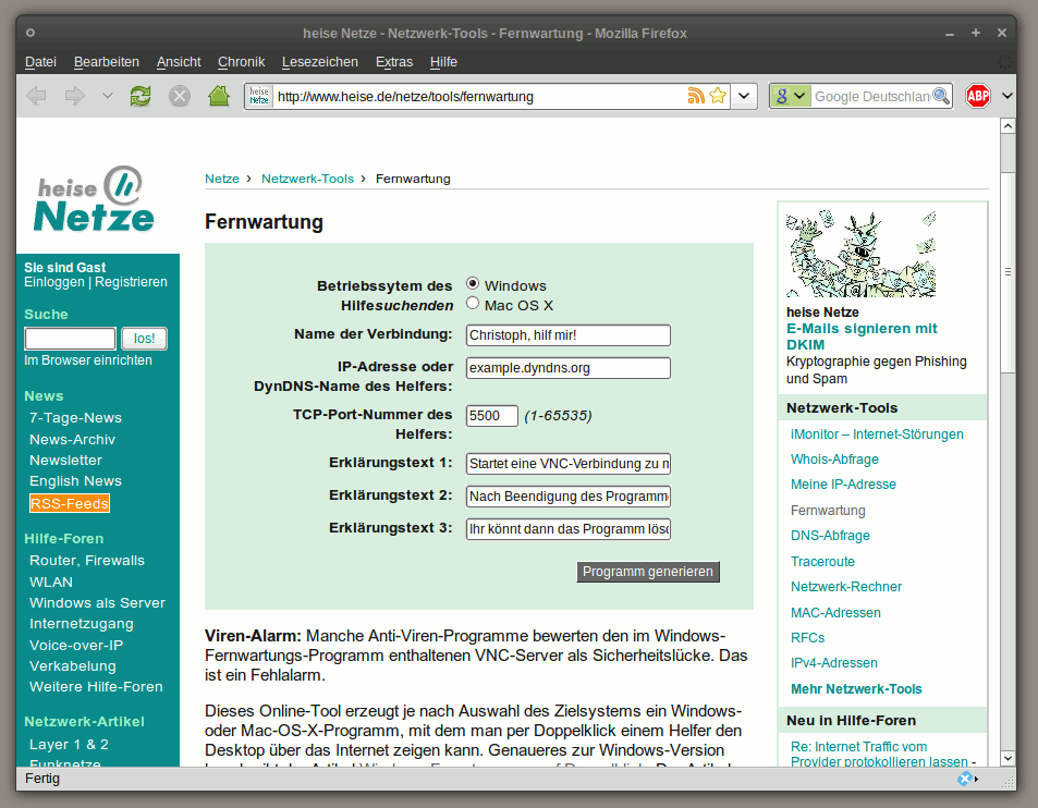 Das Fernwartungs-Formular auf heise.de im Firefox: Auswahl des Gast-Betriebssystems, Felder für Verbindungsname, DynDNS-Adresse, TCP-Port und drei Erklärungstexte, darunter die Schaltfläche Programm generieren