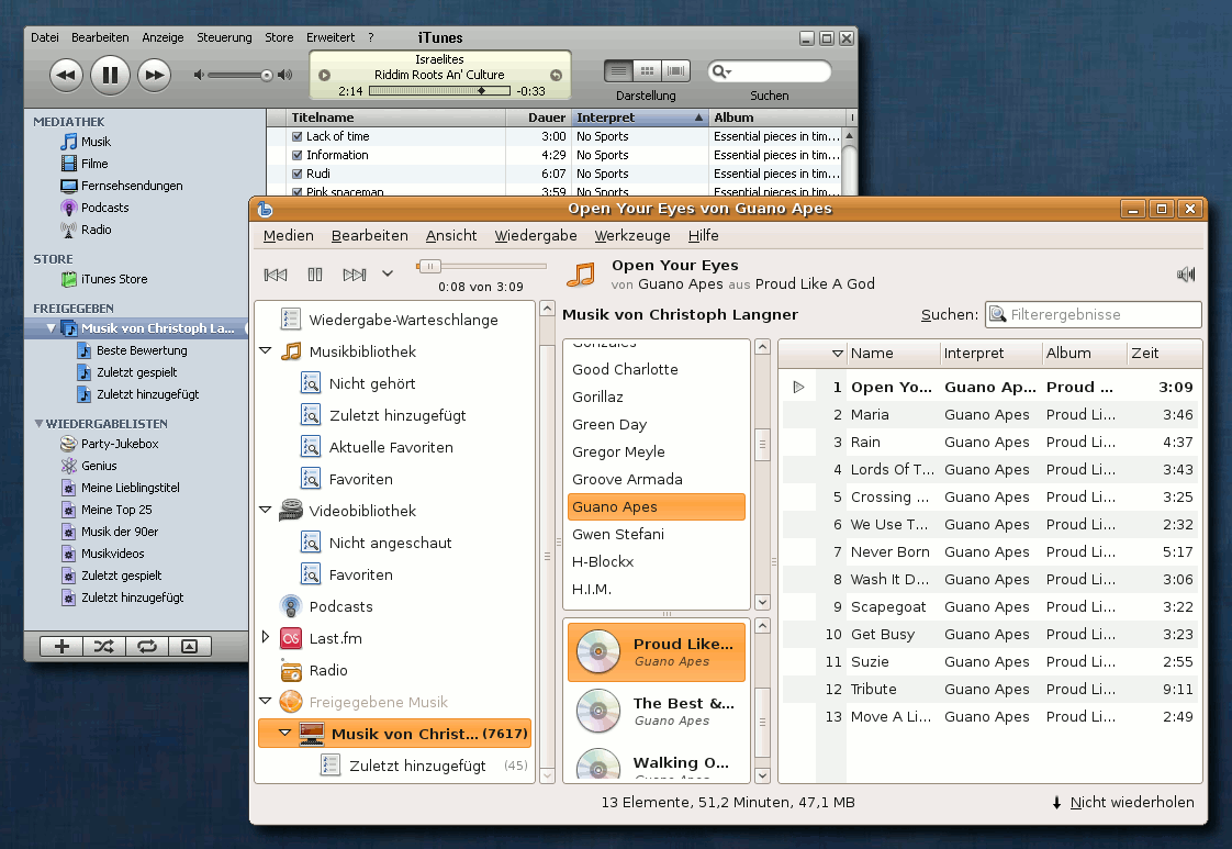 Mittels DAAP freigegebene Musik in iTunes bzw. Banshee.