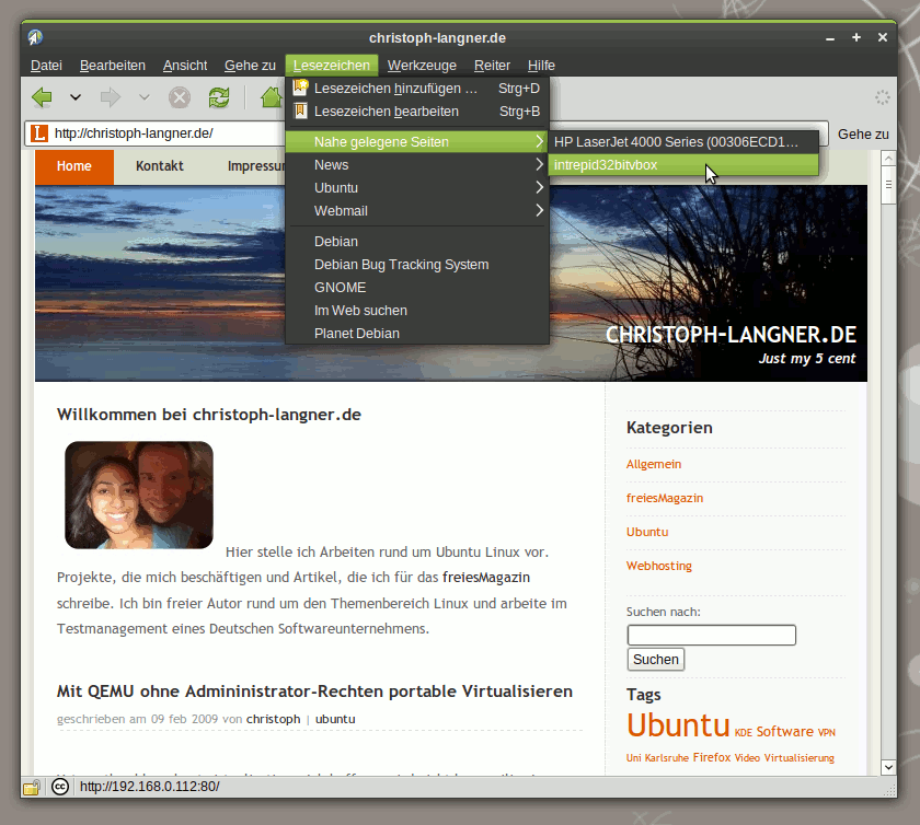 Epiphany bindet automatisch Webserver in die Lesezeichen ein, die sich über Avahi/Zeroconf im Netzwerk bekannt machen.