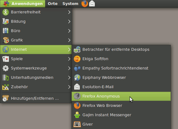 Der anonyme Firefox im Startmenü.